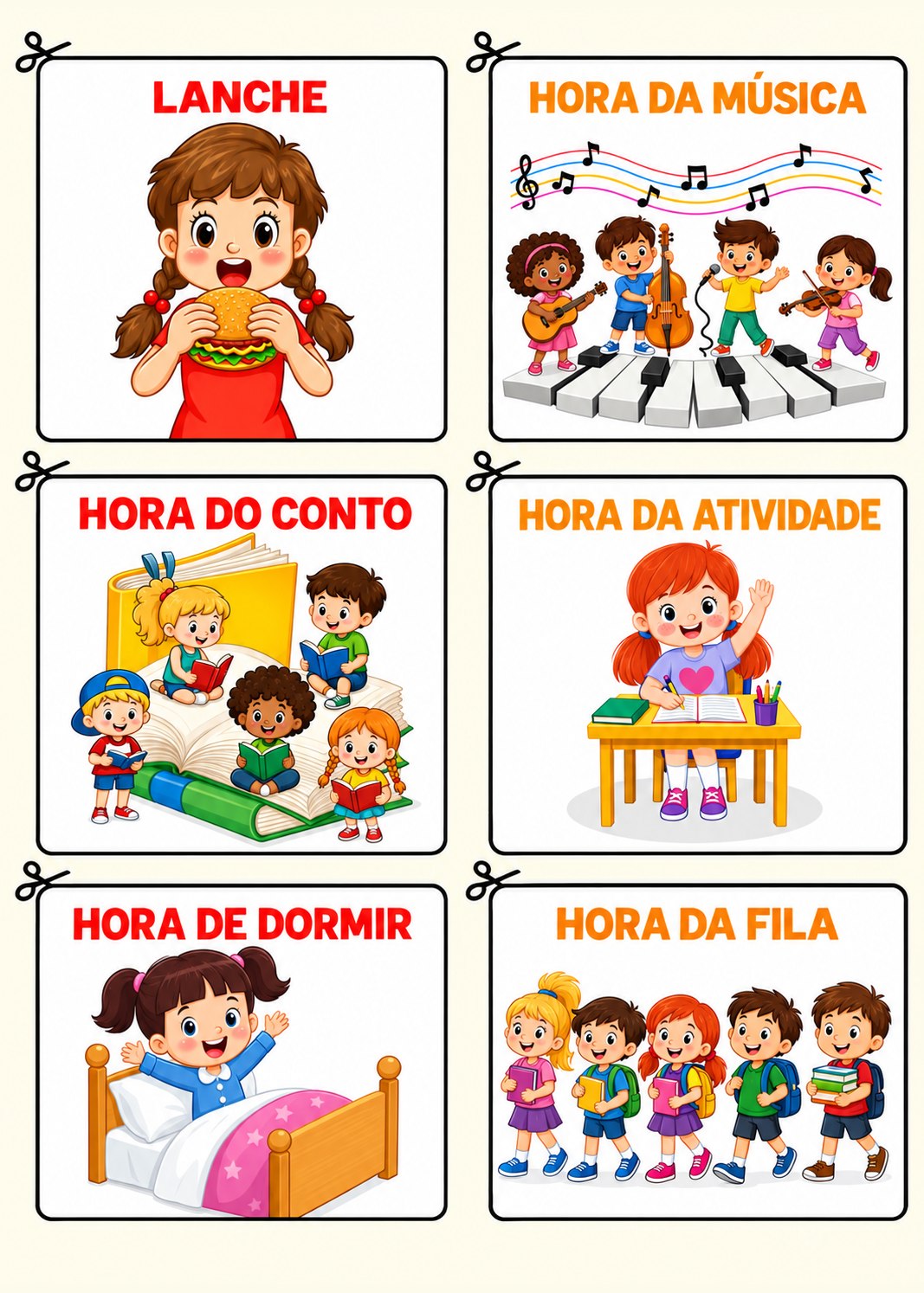 Cartões visuais de rotina: lanche, hora da música, hora do conto, hora da atividade, hora de dormir e hora da fila